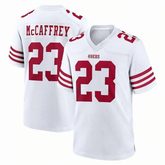 Men's San Francisco McCaffrey 23 White Stitched T-Shirts Sports Player Game Top, Small