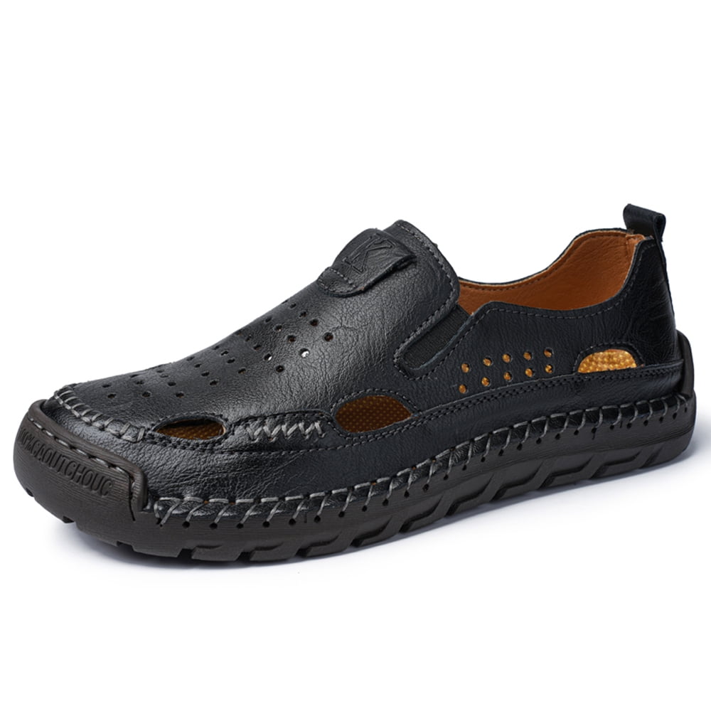 Men's Sandals Leather Closed Toe Casual Outdoor Summer Beach Breathable Adjustable Comfortable Slip-On Lightweight For Hiking Wading Walking Sports Black 10 US