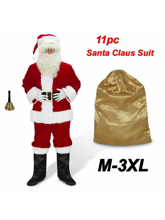 Men's Santa Claus Costume 11PCS. Christmas Velvet Adult Deluxe Santa Suit -3XL