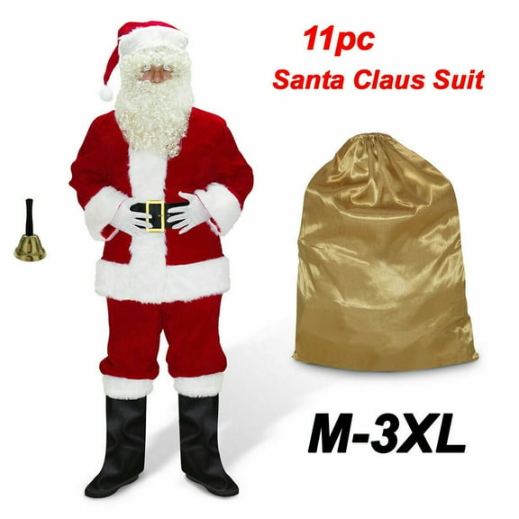 Men's Santa Claus Costume 11PCS. Christmas Velvet Adult Deluxe Santa Suit -M