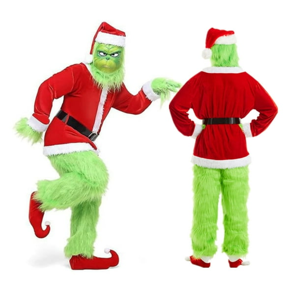 Men's Santa Claus Costume 7PCS Santa Claus Suit Green Christmas Furry Monster Adult Deluxe Holiday Costume Set w/ Mask