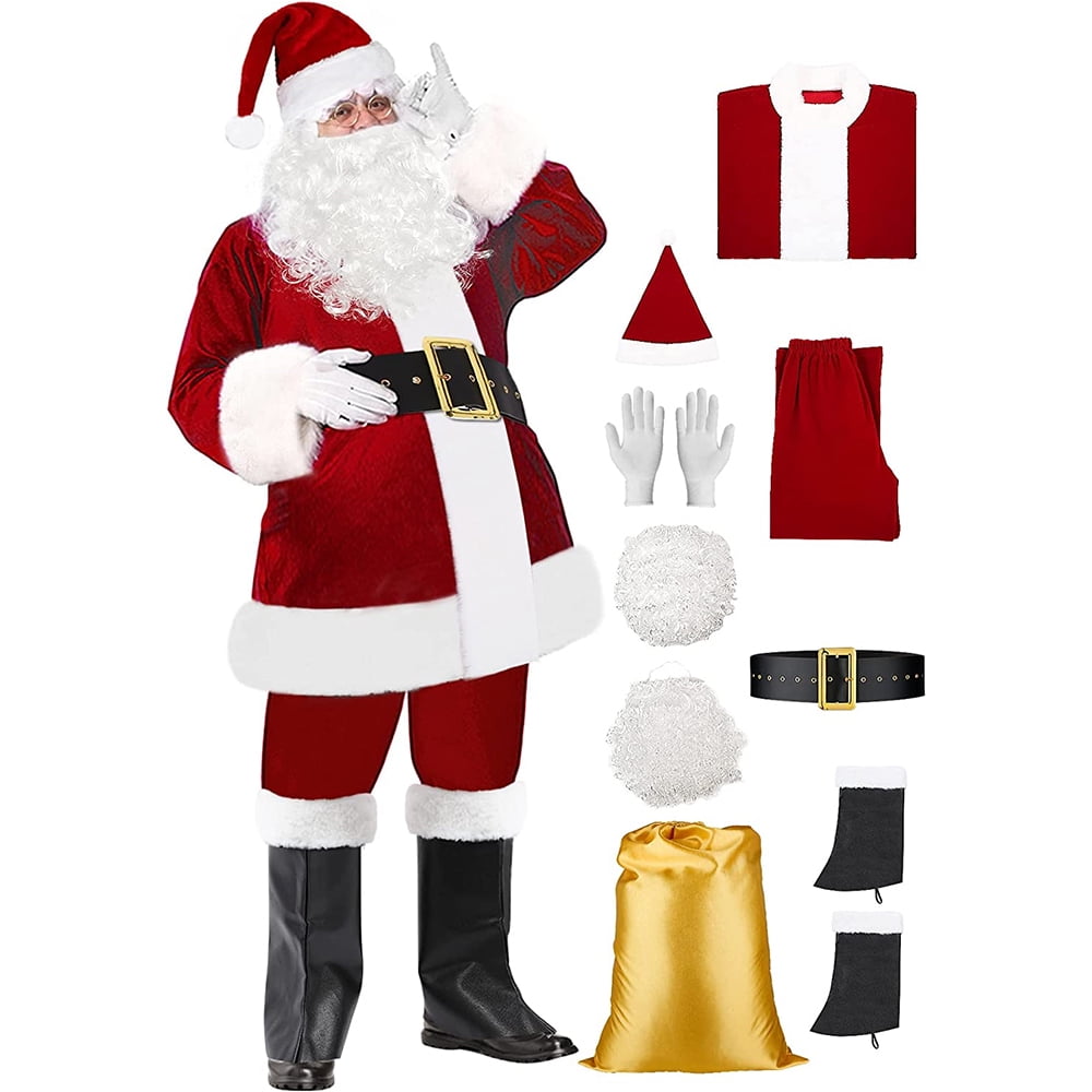 Men's Santa Claus Costume 9PCS. Christmas Velvet Adult Deluxe Santa