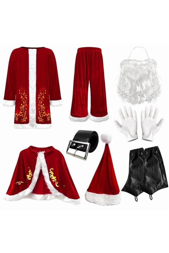 Men’s Santa Claus Costume Set – 12-Piece Christmas Suit with Gold Foil Print, Laser Patent Leather Jacket & Pants, Holiday Performance Outfit