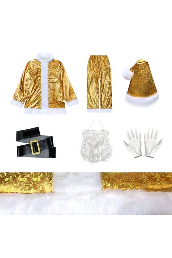 Men’s Santa Claus Costume Set – 12-Piece Christmas Suit with Gold Foil Print, Laser Patent Leather Jacket & Pants, Holiday Performance Outfit