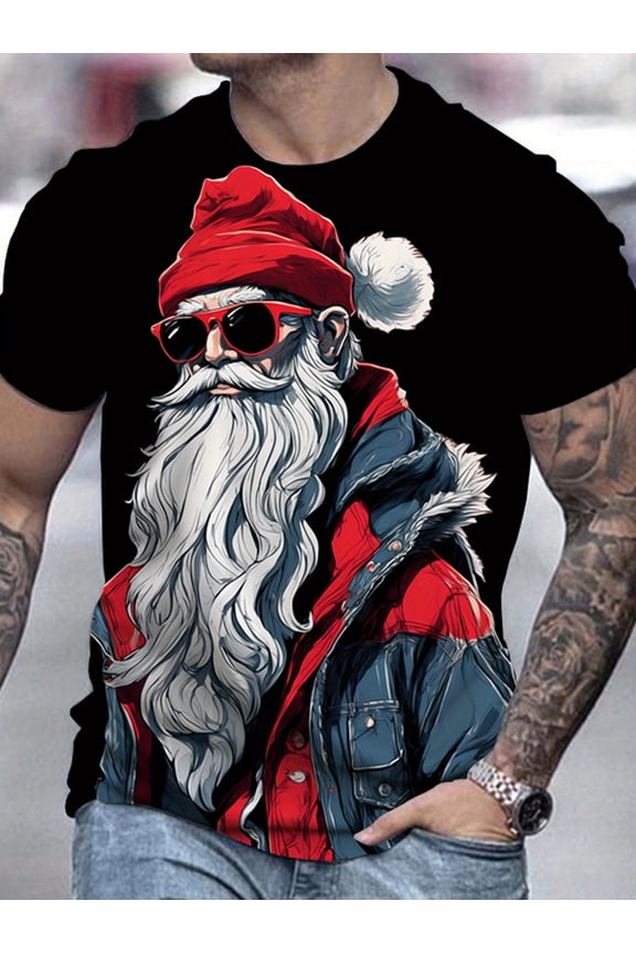 Men's Santa Claus Printed T-Shirt - 3D Printed Fashion Glasses and Urban Style, Breathable and Moisture-Wicking Fabric, Regular Fit Casual Short Sleeve Summer Outdoor Party Wear