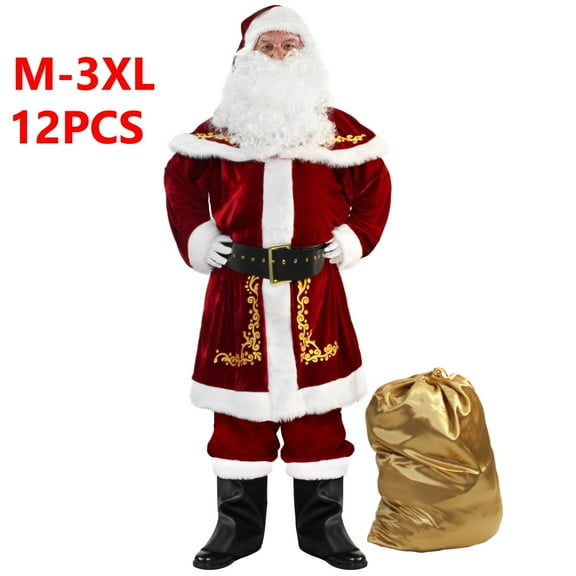 Men's Santa Costume Set Christmas 12pcs Deluxe Velvet Adult Santa Claus Suit -L