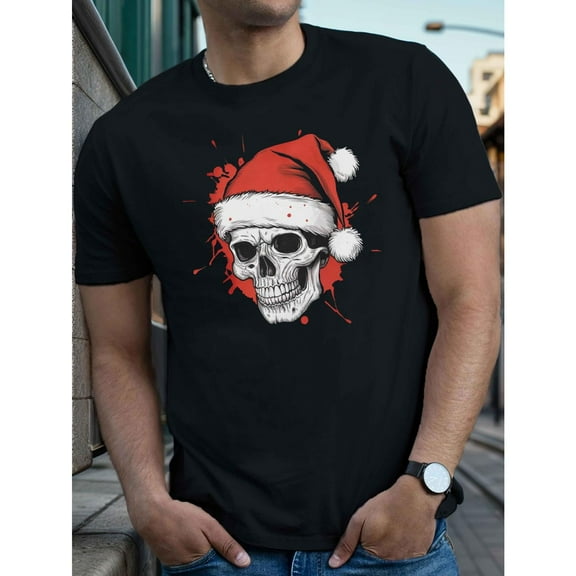 Men's Santa Skull Graphic Tee, Causal Short Sleeve T-Shirt Tops,Holiday Christmas T shirt，Funny，cotton，black，S-5XL