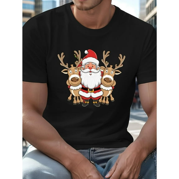 Men's Santa and Reindeer Graphic T-Shirt, Casual Stretch Comfort Tee, Regular Fit Short Sleeve Top，Cute，cotton，black，S-5XL