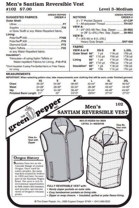 Men's Santiam Reversible Vest #102 Sewing Pattern (Pattern Only)