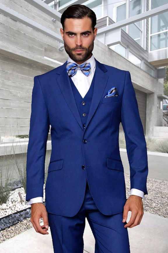 Men's Sapphire Blue Wool Suit with Vested Elegance 56 Extra Long