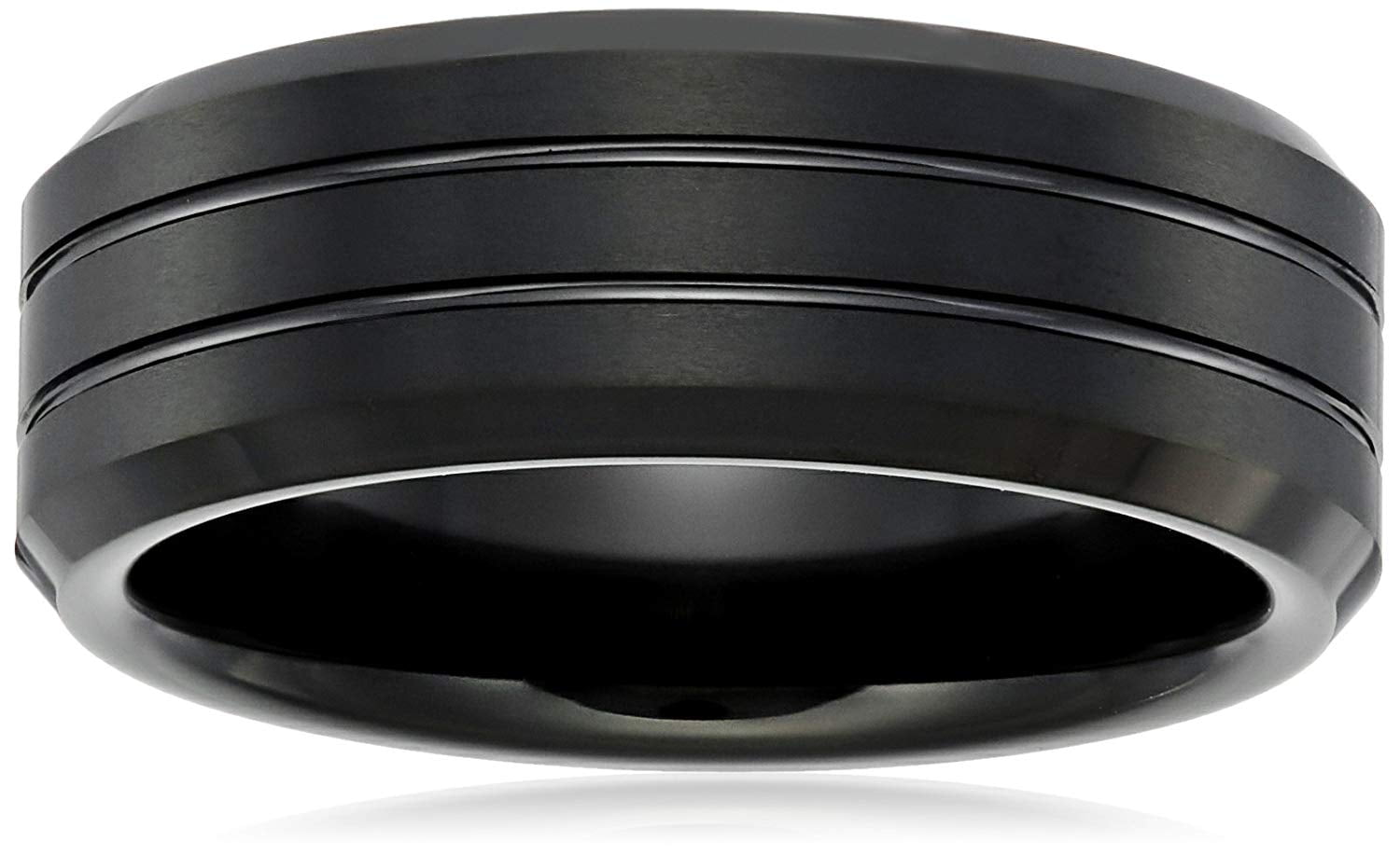 Men's Sapphire Tungsten 8mm Black Finish Grooved Pattern with Beveled Edge Comfort Fit Wedding Band Ring, Size 11