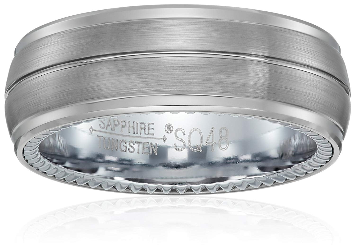 Men's Sapphire Tungsten Brushed and High Polish Finish 8mm Titanium Interior Groove Pattern Comfort Fit Wedding Band, Size 8