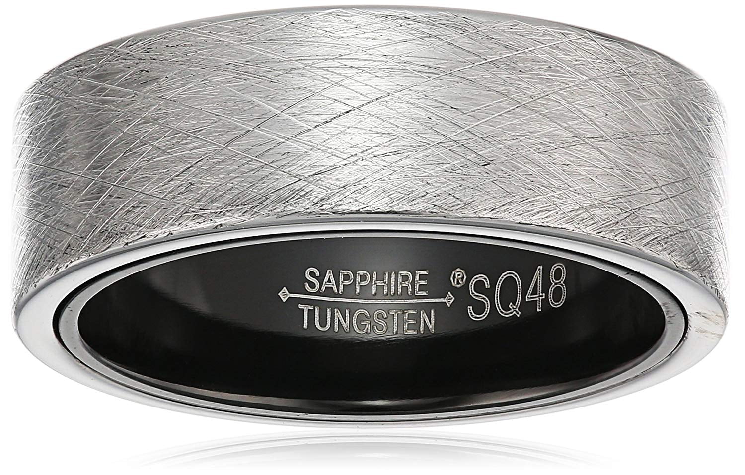 Men's Sapphire Tungsten and Titanium 8mm Black Interior Crosshatch Etched Matte Exterior Wedding Band, Size 8.5