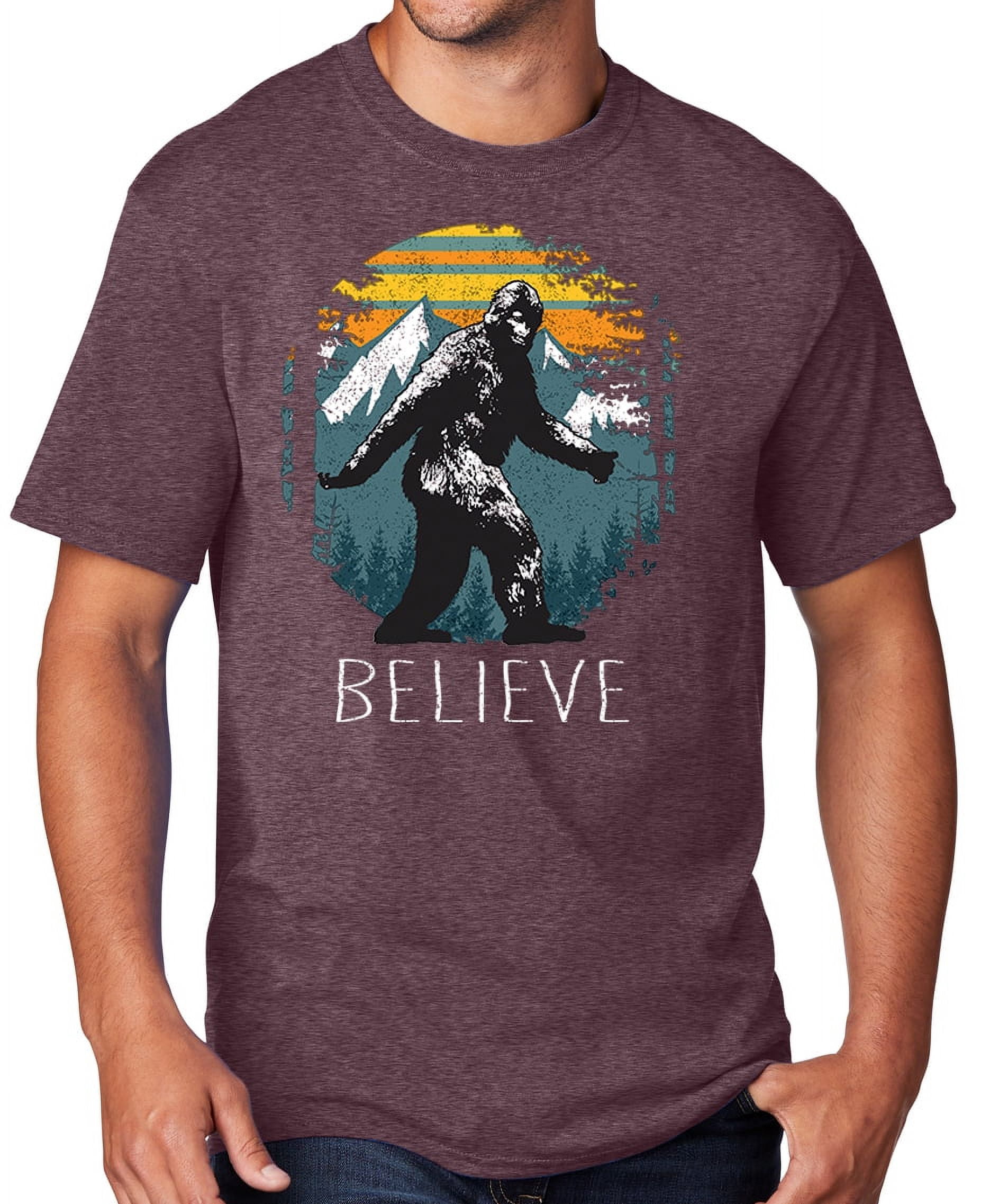Men's Bigfoot Sasquatch 'He Believes In You' Funny Graphic T-Shirt, Maroon, 4XL