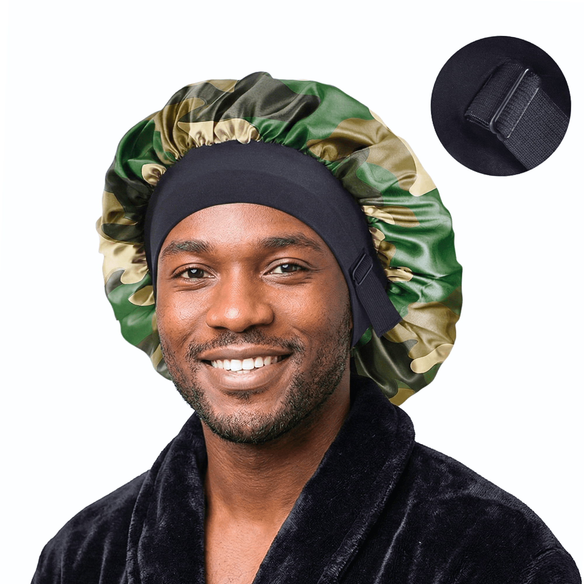Men’s Satin Bonnet with Adjustable Tie, Silk Infused Sleep Cap for Waves, Braids, Locs, Camouflage