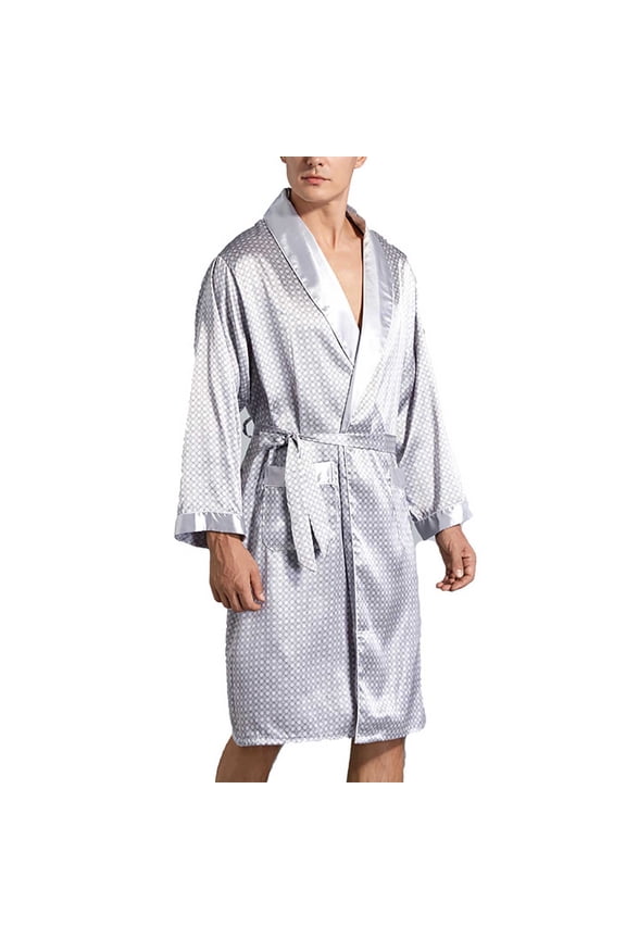 Men's Satin Kimono Bathrobe Lightweight Spa House Soft Robe Classic Midi Sleepwear Loungewear with Pockets