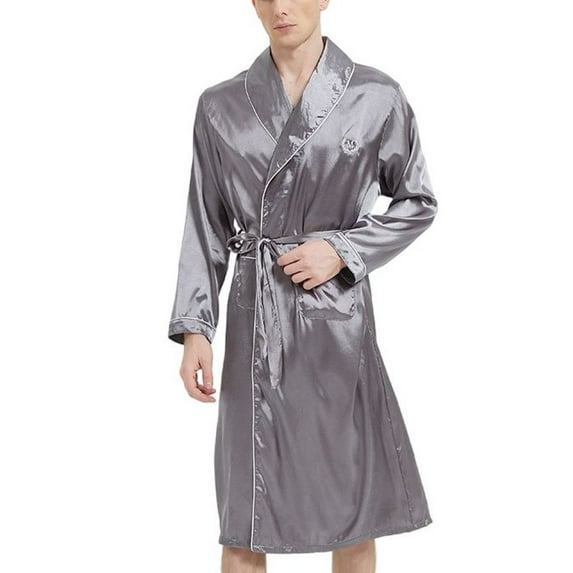 Men's Satin Kimono Robe Lightweight Loungewear Long Sleeve Silk Long Bathrobe Pockets Comfy V Neck Knee Length Grey Large