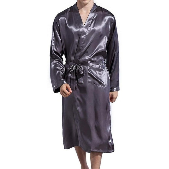 Men's Satin Kimono Robe Silk Classic Long Bathrobe Pockets Lightweight Loungewear