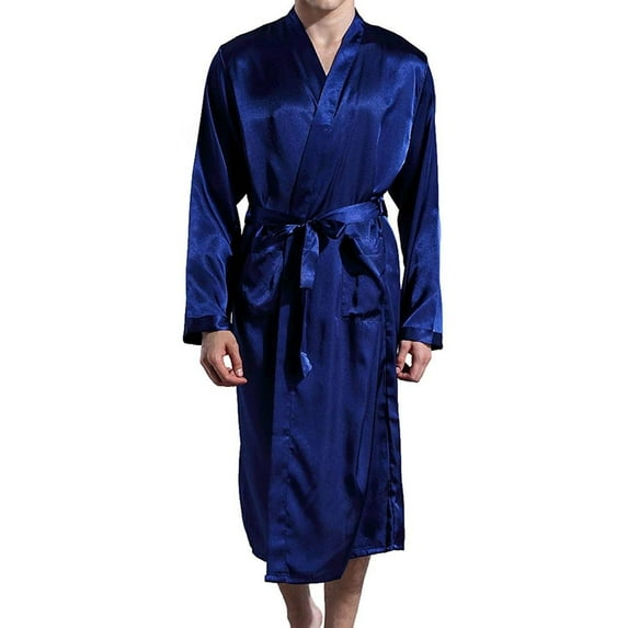 Men's Satin Kimono Robe Silk Classic Long Bathrobe Pockets Lightweight Loungewear