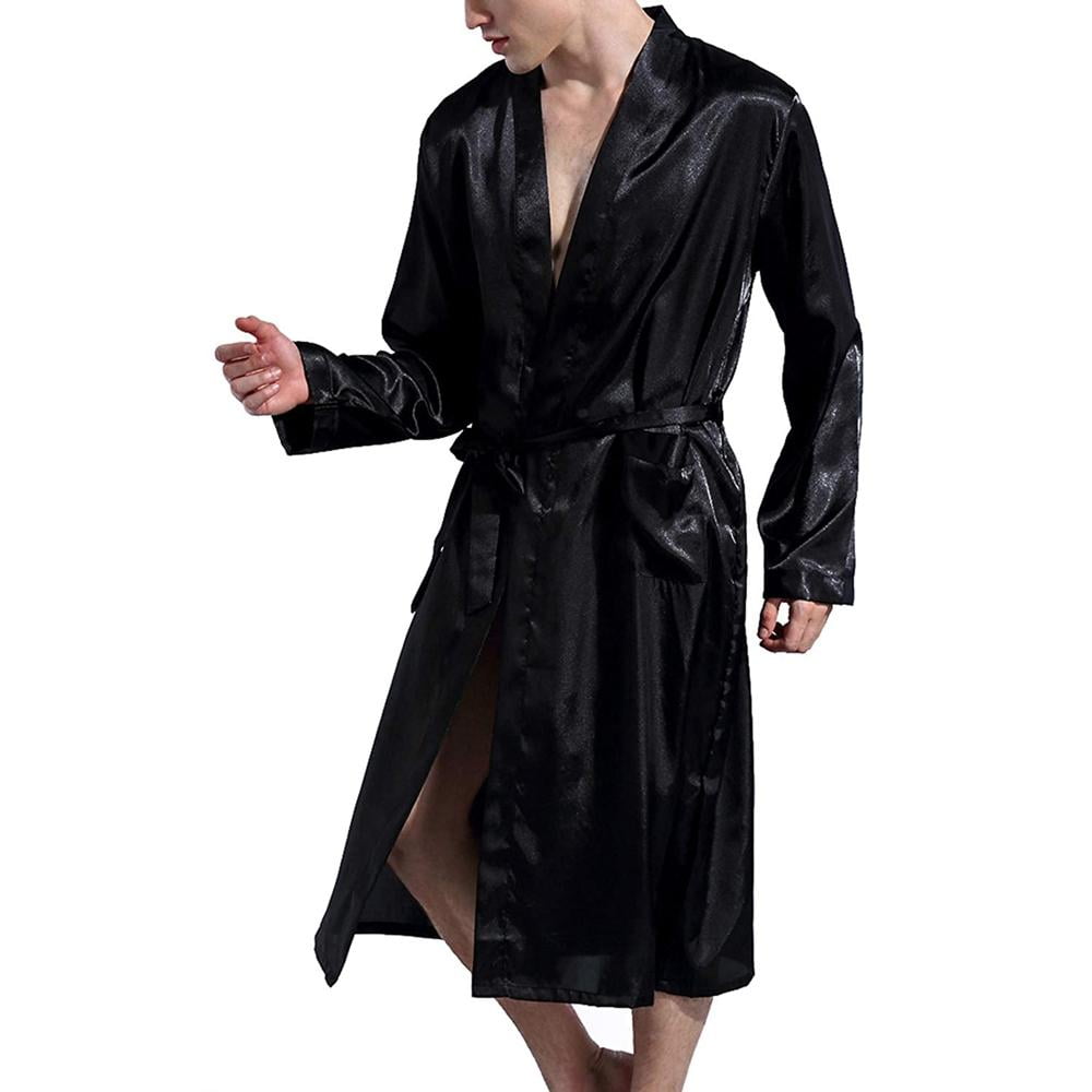 Men's Satin Kimono Robe Silk Classic Long Bathrobe Pockets Lightweight ...