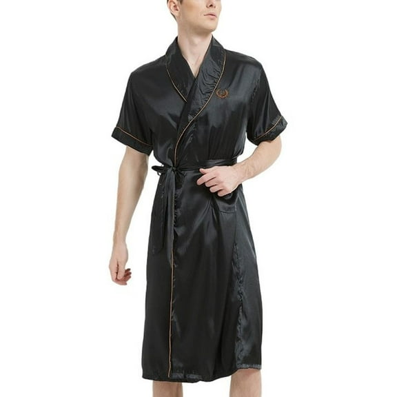 Men's Satin Kimono Robe Silk Lightweight Loungewear Short Sleeve Long Bathrobe Pockets Comfy Shawl Collar Knee Length Black X-Small