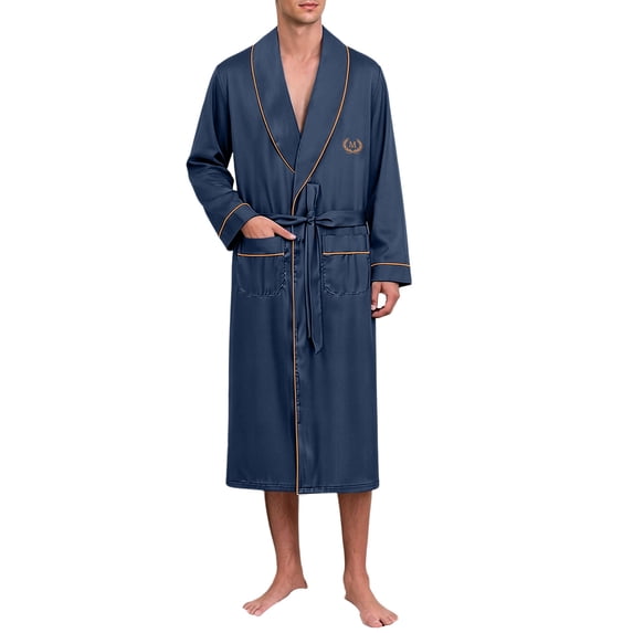 Men's Satin Robe Large Size Silk Kimono Classic Long Bathrobe Belt Pockets Lightweight Loungewear Sleepwear Pajamas Size L-4XL Dark Blue