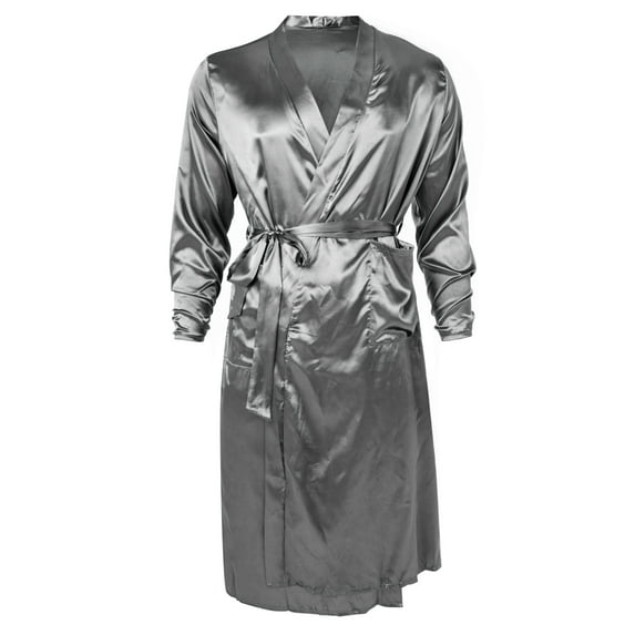 Men's Satin Robe, Long Bathrobe with Two Pockets Lightweight Loungewear, Gray, M