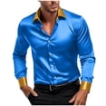 thumbnail image 1 of Men's Satin Shirts Vintage Color Block Top Casual Long Sleeve Turndown Collar Tops Dance Party Shirt Sky Blue 4XL, 1 of 8