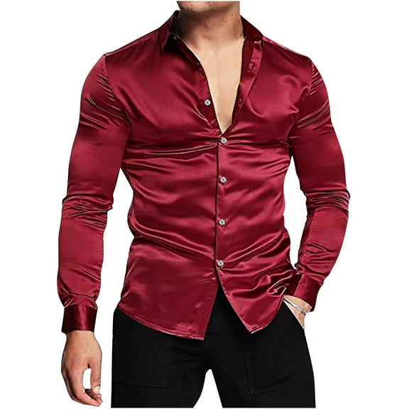 Men's Satin Sliky Long Sleeve Dress Shirts, Classic Button Down Work Shirt Slim Fit Formal Business Casual Shirt