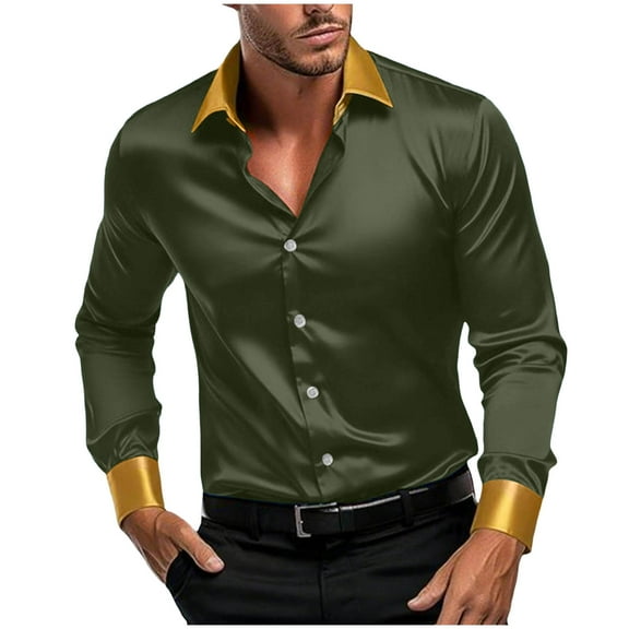 Men's Satin Vintage Shirt Long Sleeve Button Down Lapel Cardigan Tee Olive Green S