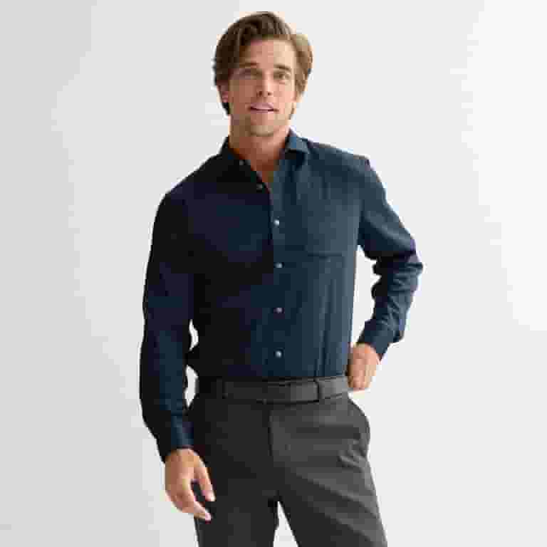 mens indigo dress shirt Ash & Erie Indigo Melange Natural Performance Stretch Shirt for Short Men Indigo / XL / Standard