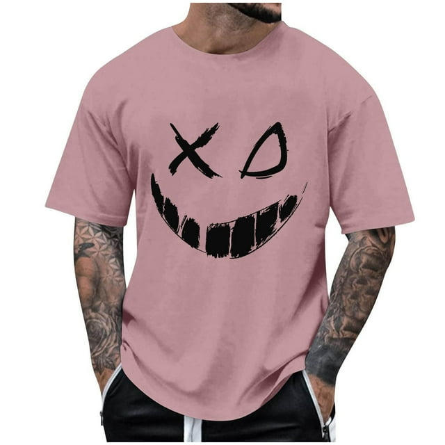 Men's Scary Graphic Tees, Trendy Smiling Face Short Sleeve Round Neck Tee Tops, Relaxed Fit Cool T-Shirt Shirts