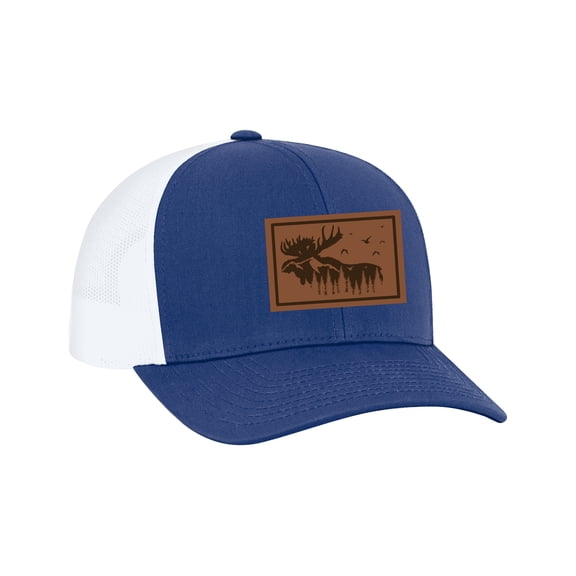 Men's Scenic Moose Mountain View Outoors Laser Engraved Leather Patch Mesh Back Trucker Hat, Royal/White