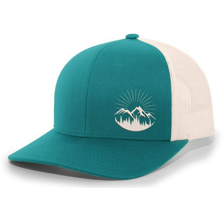 Men's scenic Mountain Outdoors Woodland Embroidered Mesh Back Trucker Hat, Teal/Beige
