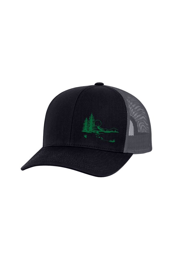Men's Scenic Mountain View Outoors Embroidered Mesh Back Trucker Hat, Black/Black