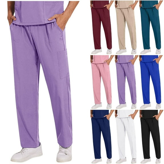 Men's Scrub Pants Solid Color Straight Barrel Draw Rope Elastic Waist Multiple Pockets Nursing Worker Pants