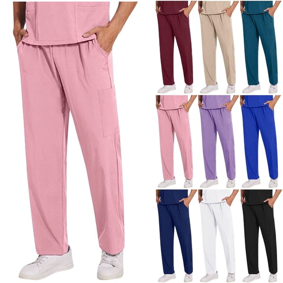 Men's Scrub Pants Solid Color Straight Barrel Draw Rope Elastic Waist Multiple Pockets Nursing Worker Pants