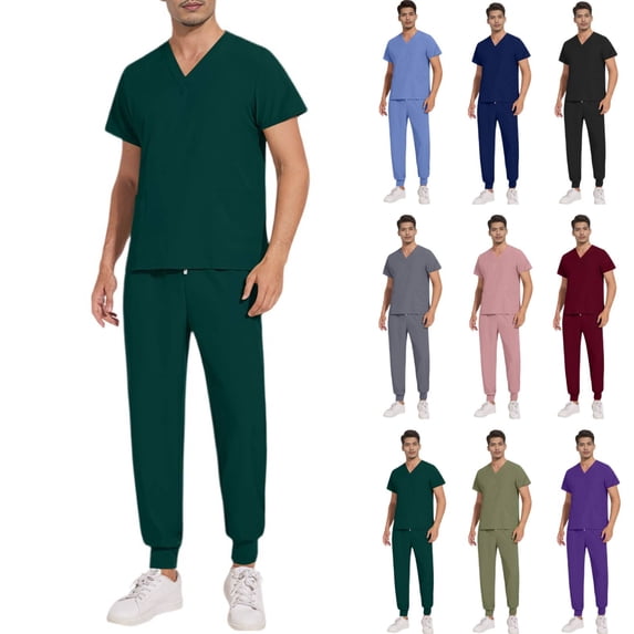 Men's Scrub Set Stretch V-Neck Top Jogger Pants with 3 Pockets Moisture Wicking Anti-Wrinkle Scrubs 28" 29" Inseam Dark Green XL