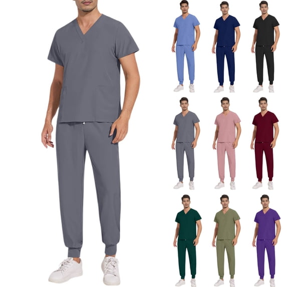 Men's Scrub Set Stretch V-Neck Top Jogger Pants with 3 Pockets Moisture Wicking Anti-Wrinkle Scrubs 28" 29" Inseam Gray XL