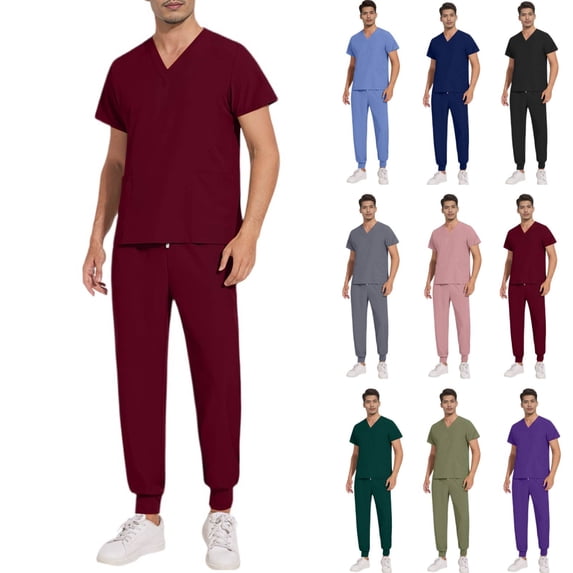 Men's Scrub Set Stretch V-Neck Top Jogger Pants with 3 Pockets Moisture Wicking Anti-Wrinkle Scrubs 28" 29" Inseam Wine XL