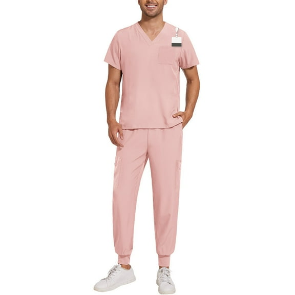 Men's Scrub Sets, Modern V-Neck Scrub Top & Jogger Scrub Pants with Multi Pockets Professionals Soft Stretch Athletic Nursing Uniform Workwear (Pink)