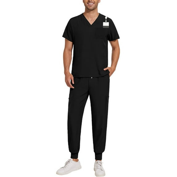 Scrubs for Men Set, Modern V Neck Scrub Top & Jogger Pant with 8 Pockets Professionals Soft Stretch Athletic Nursing Uniform Workwear (Black)