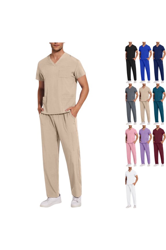 Men's Scrub Sets V-Neck Top & Multi-Pocket Cargo Pants with 8 Pockets Elastic Waist Drawstring Utility Uniform 4-Way Stretch Technical Workwear for Doctor Nurse Vet Clinic