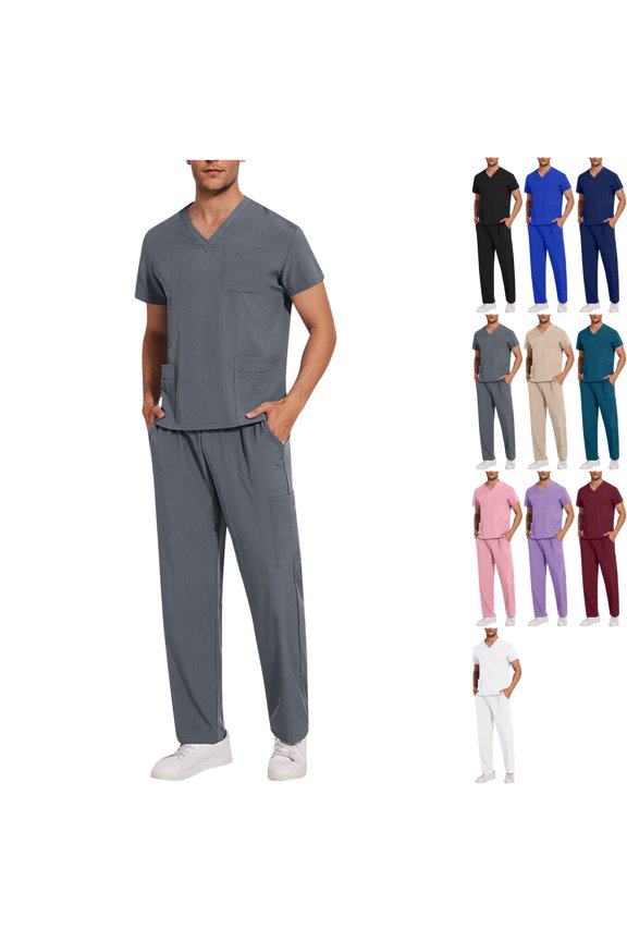 Men's Scrub Sets V-Neck Top & Multi-Pocket Cargo Pants with 8 Pockets Elastic Waist Drawstring Utility Uniform 4-Way Stretch Technical Workwear for Doctor Nurse Vet Clinic