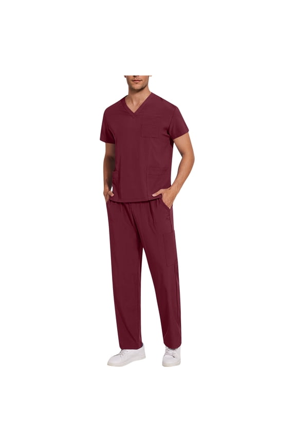 Men's Scrub Sets V-Neck Top & Multi-Pocket Cargo Pants with 8 Pockets Elastic Waist Drawstring Utility Uniform 4-Way Stretch Technical Workwear for Doctor Nurse Vet Clinic