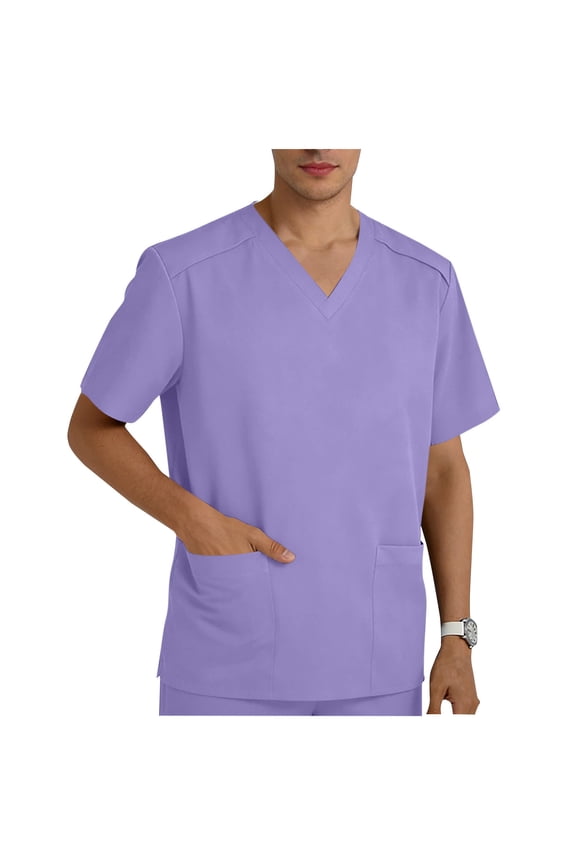 Men’s Scrub T-Shirts Casual V-neck Short Sleeve Shirt with Pockets Solid Color Nurse Uniform Lightweight Breathable Workwear Tops Tees