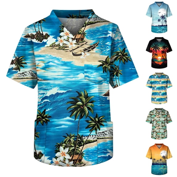 Men's Scrub Tops Short Sleeve V Neck Nursing Scrubs Medical Uniform Shirts with Chest Pocket Graphic Print Blue 2XL