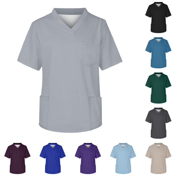 Men's Scrubs Tops Classic Fit V-Neck Short Sleeve Working Nursing Uniform Shirt with Pockets Gray 5XL