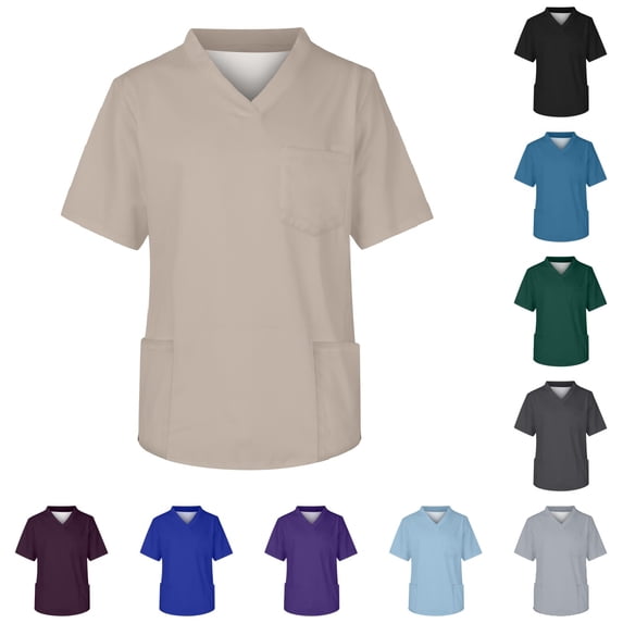Men's Scrubs Tops Classic Fit V-Neck Short Sleeve Working Nursing Uniform Shirt with Pockets Khaki 3XL