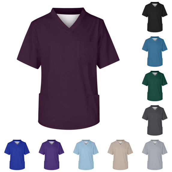 Men's Scrubs Tops Classic Fit V-Neck Short Sleeve Working Nursing Uniform Shirt with Pockets Wine S